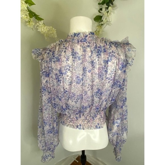Free People Sheer Cropped Tie Floral Twyla Print Top Purple Blue Sz M Boho NWOT - Picture 2 of 16